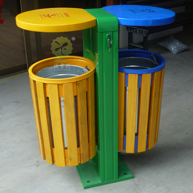 戶外雙筒鋼木垃圾桶